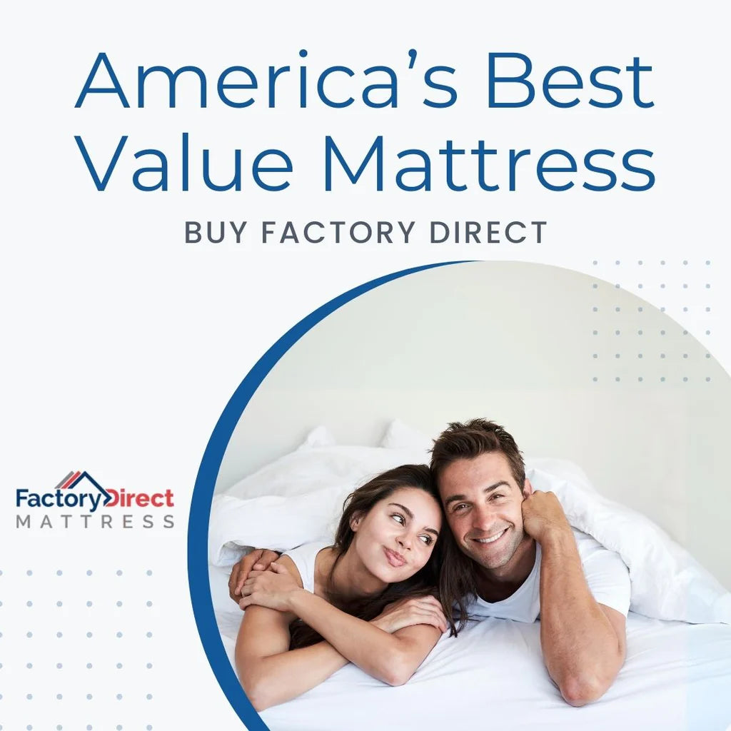 Advertisement for Factory Direct Mattress with a couple lying on a mattress, text 'America's Best Value Mattress Buy Factory Direct'.