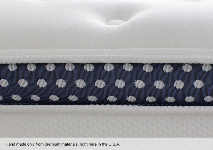 Close-up of a WinkBed mattress with a blue and white polka dot ribbon on a white background.