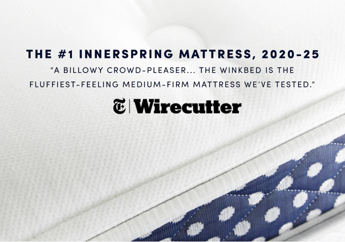 Innerspring mattress with Wirecutter branding and text about its quality.