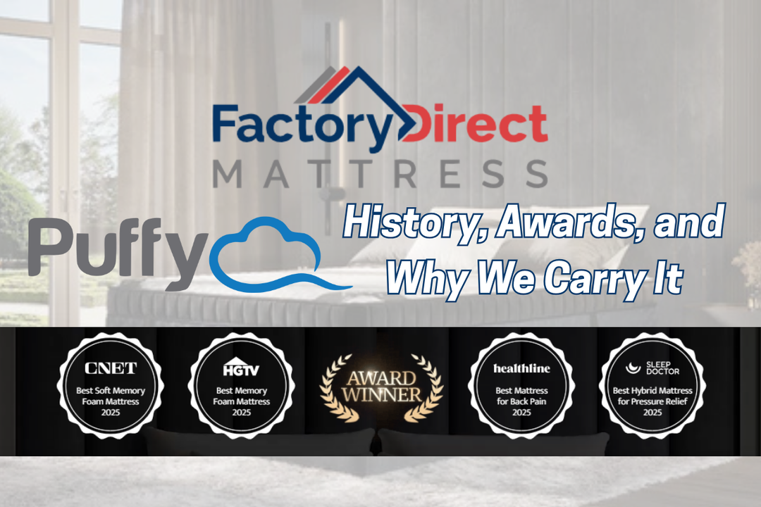 Puffy mattress surrounded by 2025 award badges for best comfort, cooling, and back pain relief