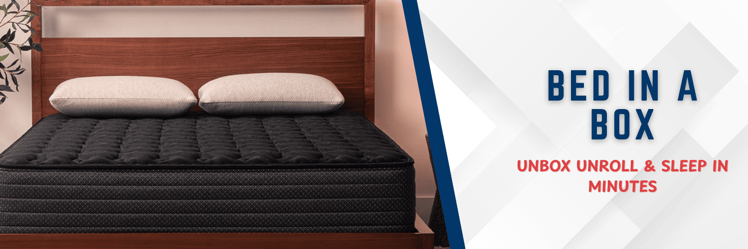 Bed in a Box Everest Mattress with promotional text 'Bed in a Box' on a white and blue background.