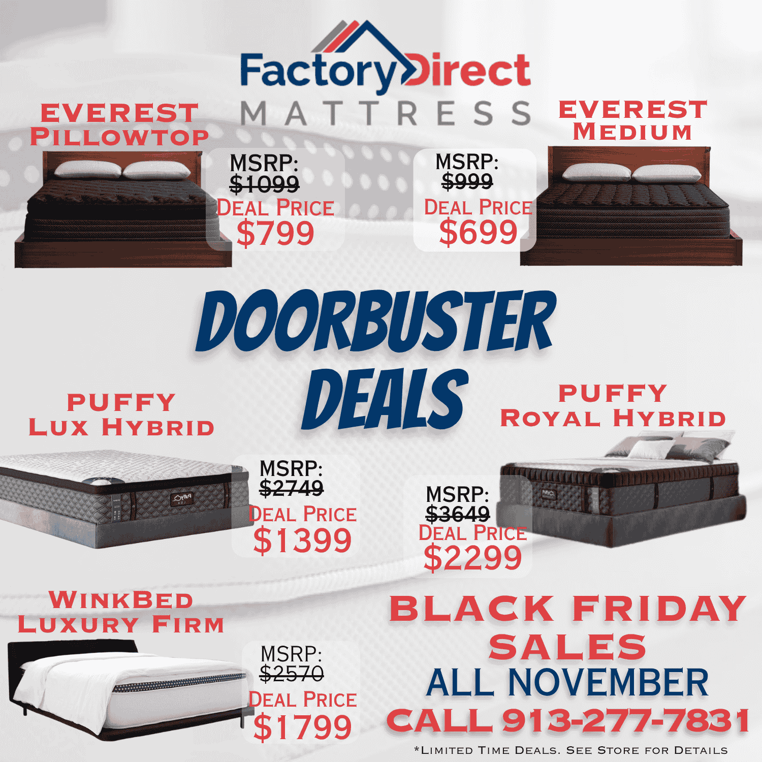 Advertisement for Puffy Lux Hybrid, Puffy Royal Hybrid, WinkBed Luxury Firm, Everest Pilliowtop, Everest Medium Mattresses at Factory Direct Mattress KCK in Kansas City