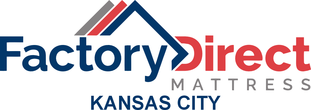 Factory Direct Mattress Kansas City logo with red, blue, and gray colors on a white background