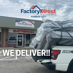Factory Direct Mattress KCK mattress store with a truck delivering mattresses.
